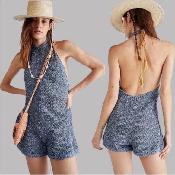 Free People Molly Playsuit Crochet Halter Open Back Romper Blue Ocean Size M - Picture 1 of 14